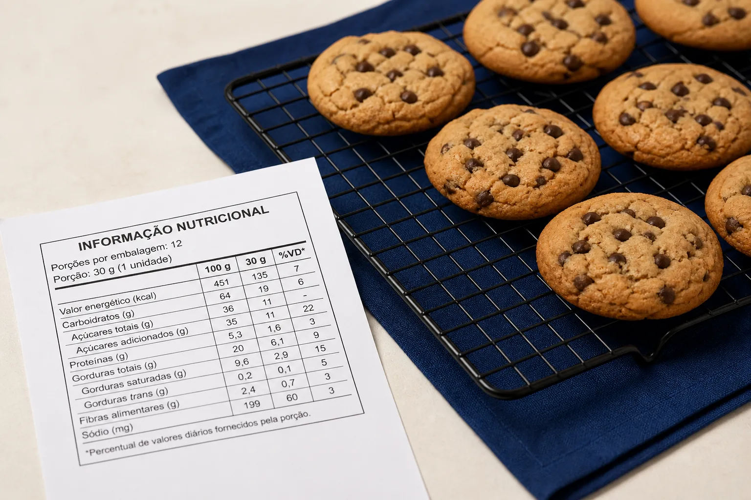 Biscoitos caseiros e tabela nutricional impressa ilustrando ferramentas para rotulagem