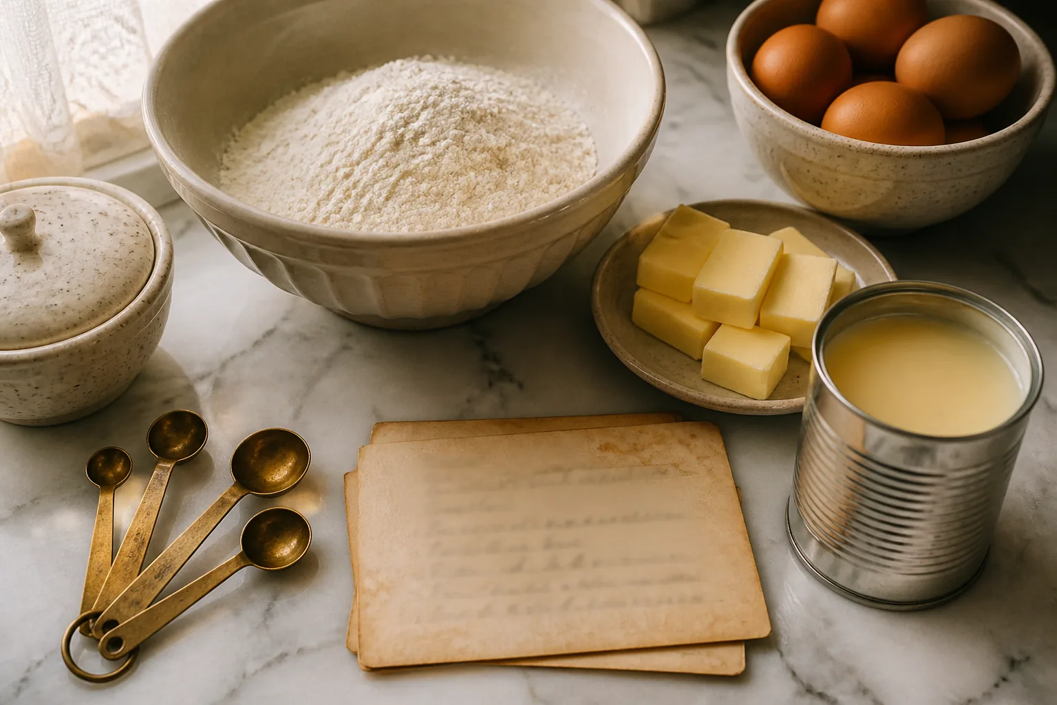 Ingredientes e lata de leite condensado sobre bancada ilustrando o processo de cálculo nutricional