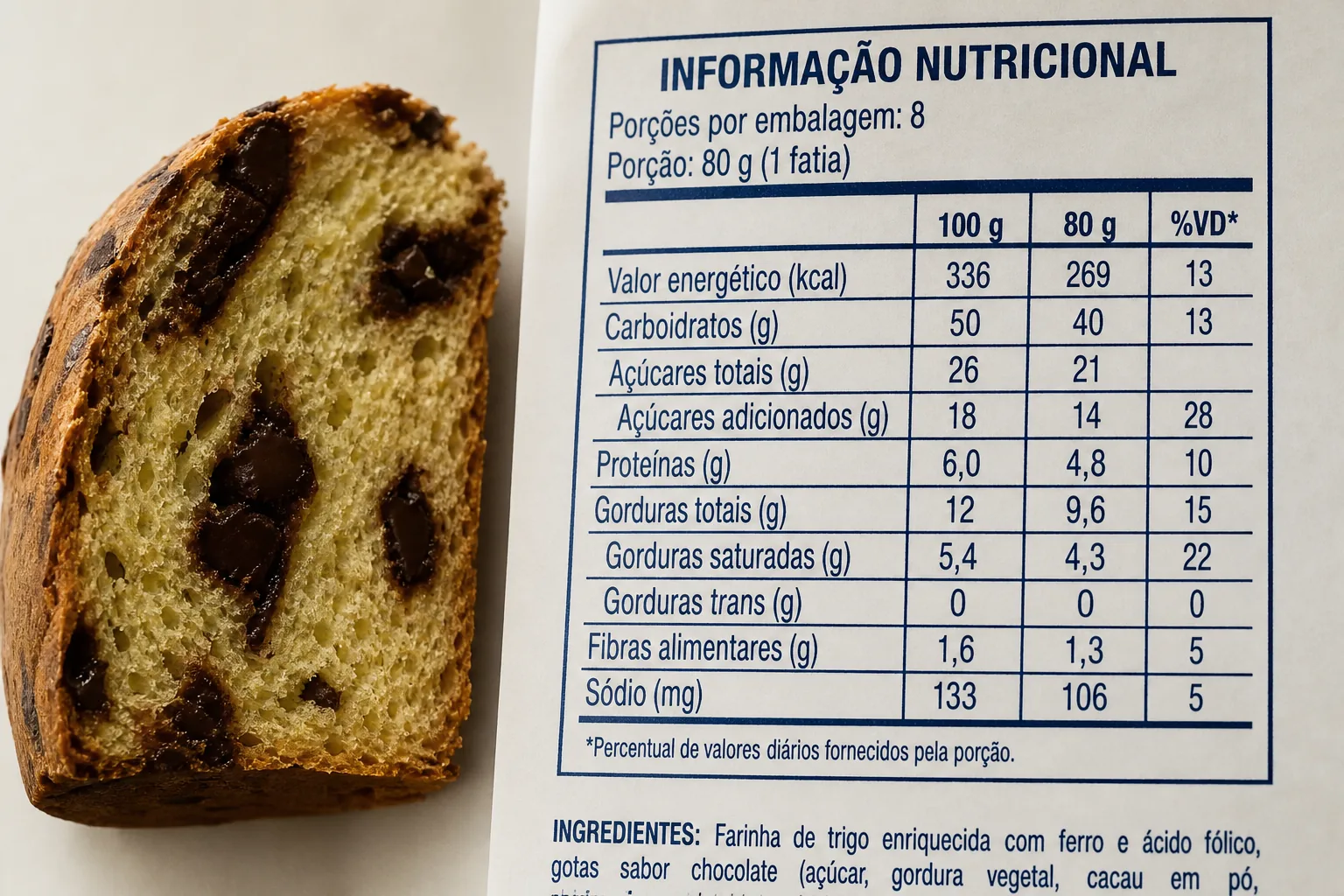 Exemplo de rótulo nutricional com panetone fatiado ilustrando os requisitos da RDC 429/2020